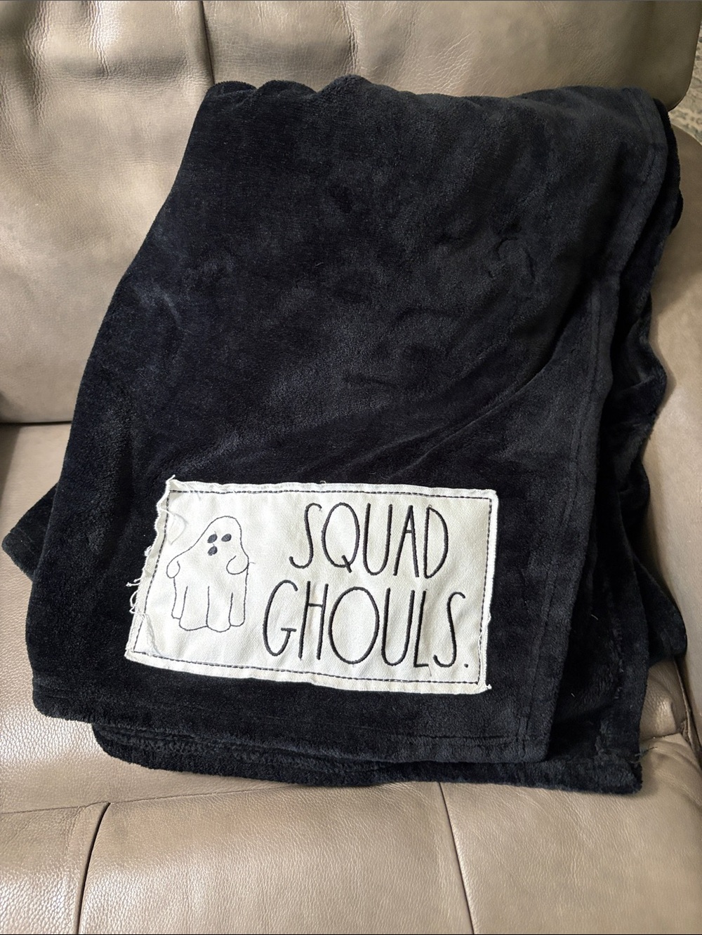 Rae Dunn Black Plush Throw Blanket with 'Squad Ghouls' Patch